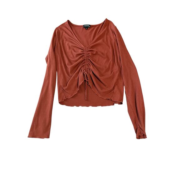 NWOT Originality Large Rust‎ Orange Brown Long Sleeve Cropped Ribbed Lettuce Hem - Picture 1 of 8